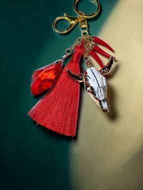 Gold Bull Skull Keychain with Red Tassel, Crystal & Chili Peppers